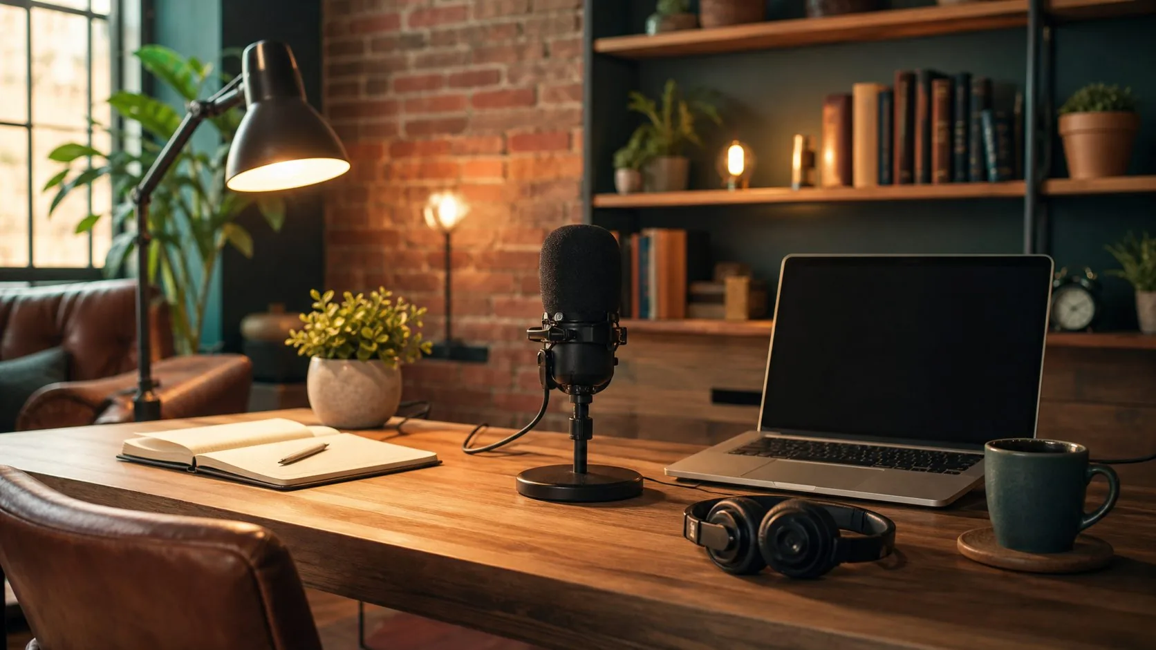 Warm podcast studio workstation with microphone, notebook, and laptop.