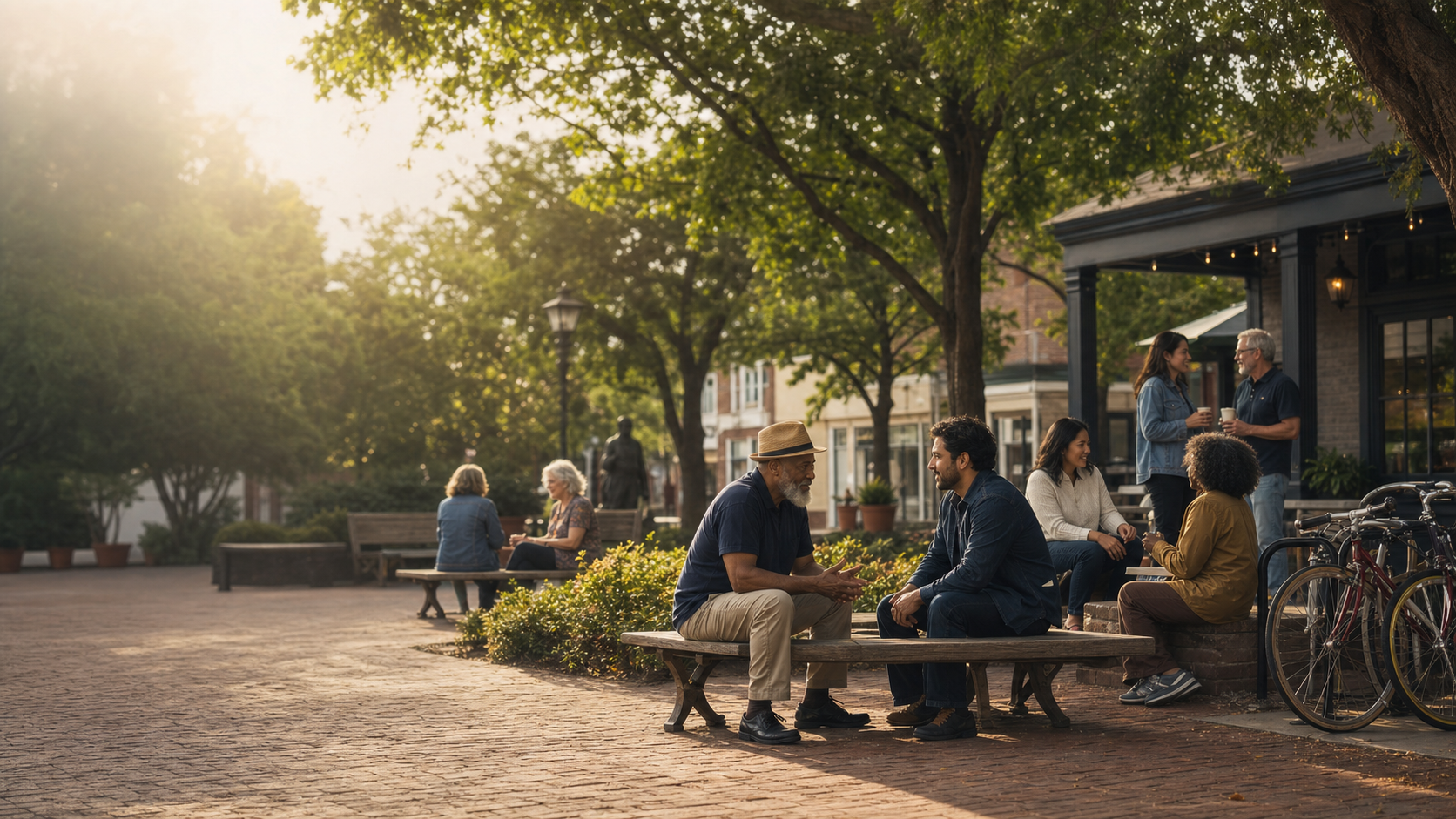 Neighbors of different generations talk together in a tree-lined town square at golden hour.
