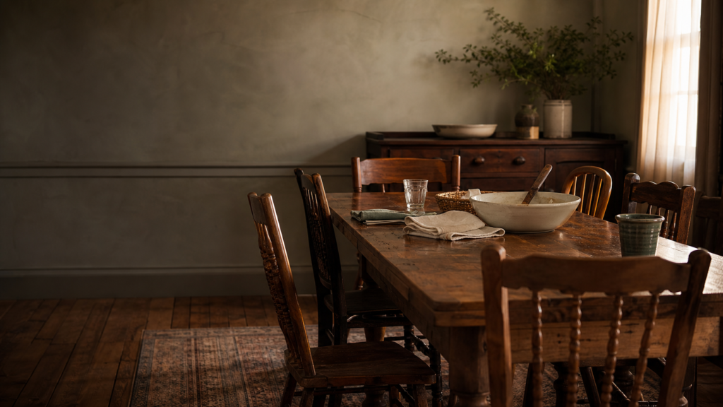 A well-used family dining table after a gathering in warm evening light.