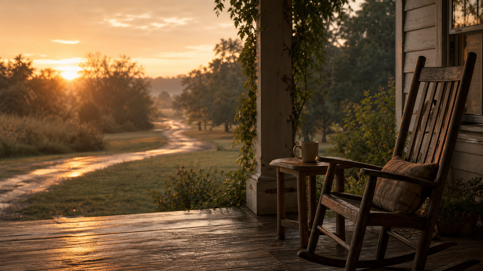 A weathered porch chair and coffee beside a winding path at sunrise.