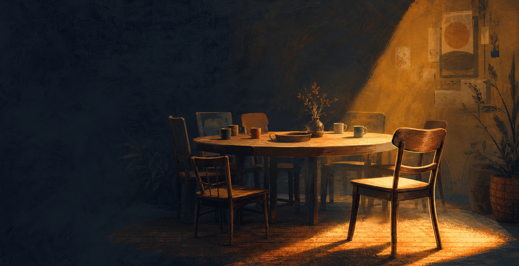An open chair in warm light beside a community table, symbolizing the choice to speak up.