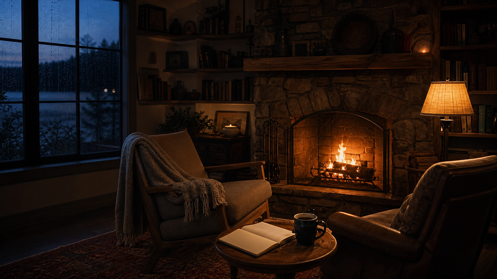 Two comfortable chairs face a warm stone fireplace beside a rain-covered window at twilight
