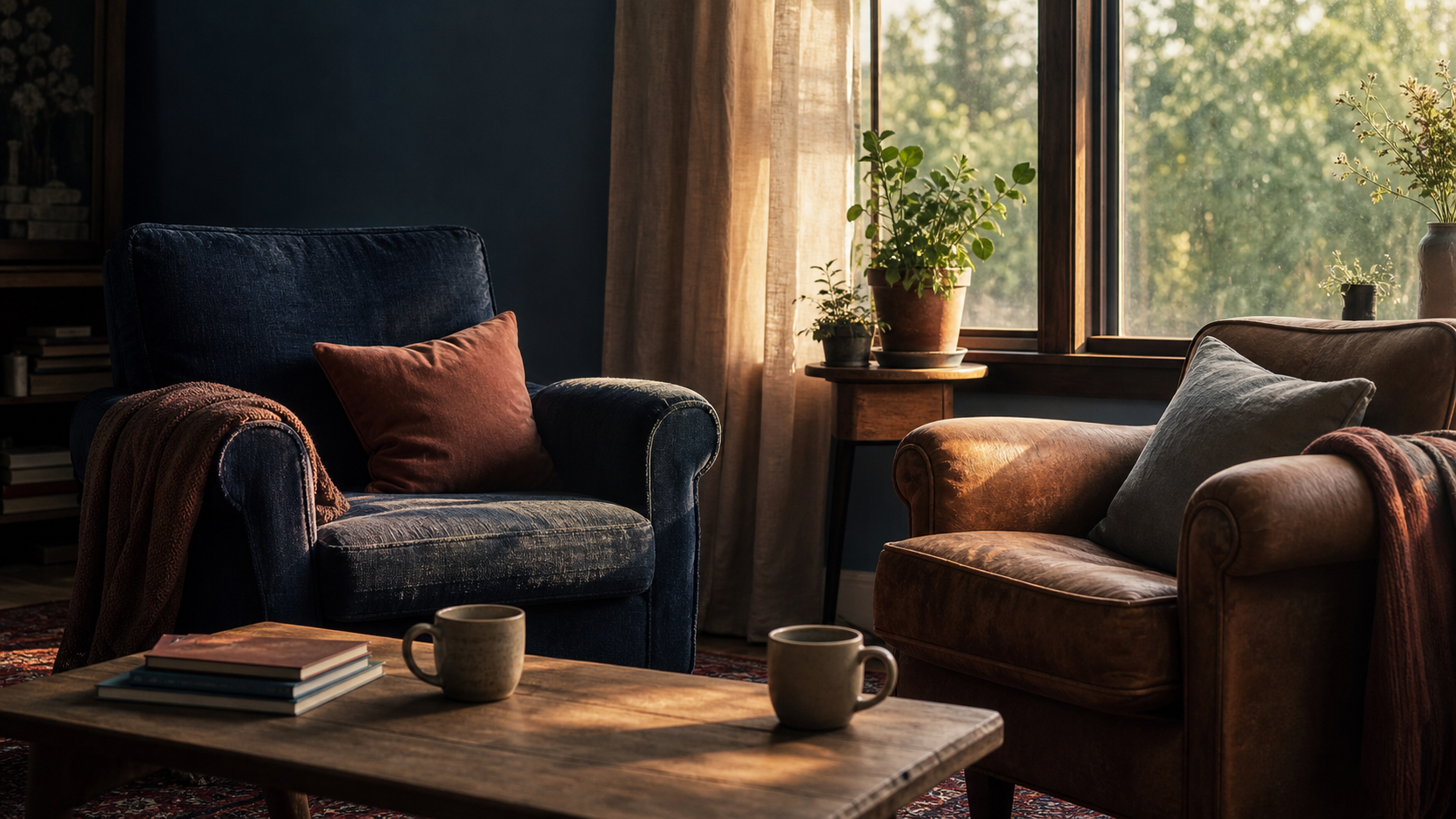 Two comfortable chairs face each other in a warm, sunlit sitting room.