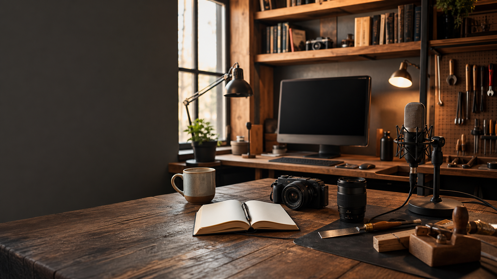 A warm creative studio with a computer, camera, microphone, notebook, coffee, and hand tools.