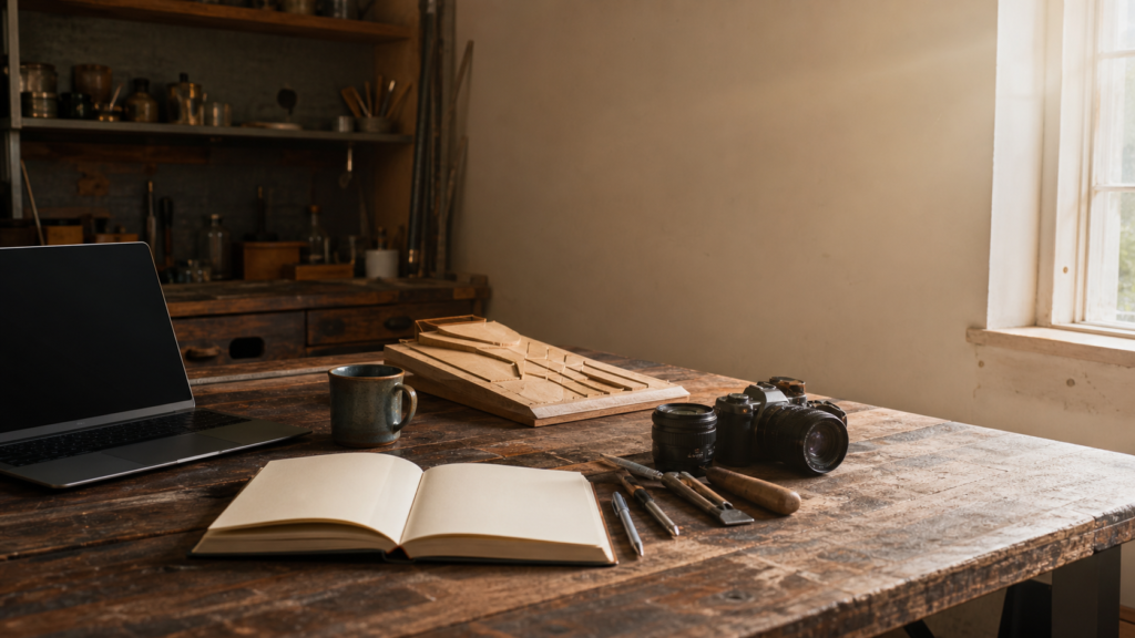 A lived-in creative workshop with a notebook, camera, coffee, and tools on a wooden table.
